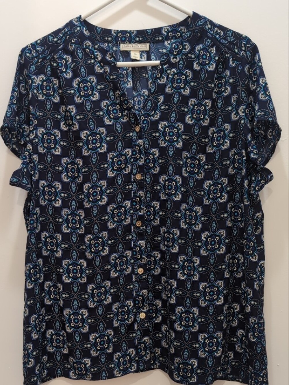 Dana Buchman Navy and Light Blue Floral Button-Front Shirt XL